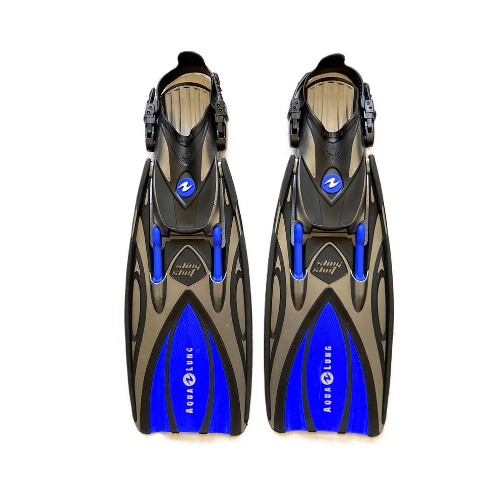 Aqua Lung Slingshot Open Heel Scuba Diving Fins Blue Silver Small w/ Mesh Bag